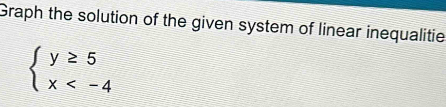 Graph the solution of the given system of linear inequalitie
beginarrayl y≥ 5 x
