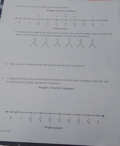 The Mne pfot shows the weights of soil in 6 containers.
Weights of Soil in Containers
a. Decompose the weight of the soil in each container into a whole number and a fraction with
eighths. Then find the total number of pounds of sail in the containers
2 1/n  1 3/4  1 1/2  1 1/2  1 5/8  1 7/8 
h. How can you redistribute the soil equally among the 6 containers?
c. Complete the line plot to represent the amount of soil in each container when the soil
is redistributed equally among the containers.
Weights of Soil in Containers
0 1 1 1/8  1 1/4  1 3/8  1 1/2  1 5/8  1 3/4  1 7/8  2
Weight (pounds)
et Minds PBC