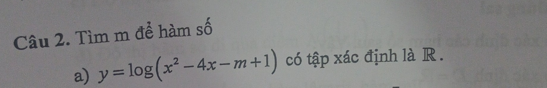 Tìm m để hàm số 
a) y=log (x^2-4x-m+1) có tập xác định là R .