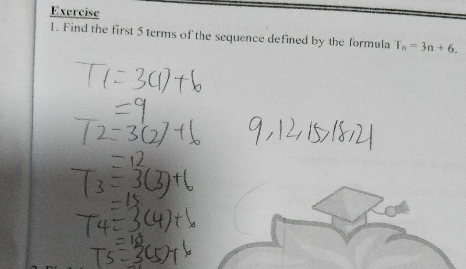 Find the first 5 terms of the sequence defined by the formula T_n=3n+6.