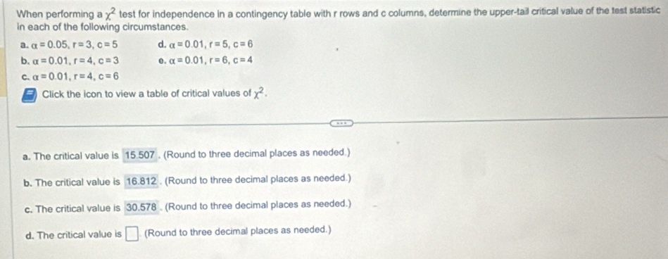 When performing a x^2 test for independence in a contingency table with r rows and c columns, determine the upper-tail critical value of the test statistic
in each of the following circumstances.
a. alpha =0.05, r=3, c=5 d. alpha =0.01, r=5, c=6
b. alpha =0.01, r=4, c=3 e. alpha =0.01, r=6, c=4
C. alpha =0.01, r=4, c=6
* Click the icon to view a table of critical values of x^2.
a. The critical value is 15.507. (Round to three decimal places as needed.)
b. The critical value is 16.812. (Round to three decimal places as needed.)
c. The critical value is 30.578 (Round to three decimal places as needed.)
d. The critical value is □ (Round to three decimal places as needed.)