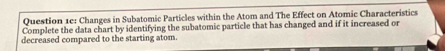 Changes in Subatomic Particles within the Atom and The Effect on Atomic Characteristics 
Complete the data chart by identifying the subatomic particle that has changed and if it increased or 
decreased compared to the starting atom.