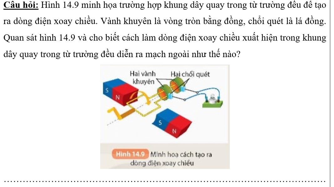 Câu hỏi: Hình 14.9 minh họa trường hợp khung dây quay trong từ trường đều để tạo 
ra dòng điện xoay chiều. Vành khuyên là vòng tròn bằng đồng, chồi quét là lá đồng. 
Quan sát hình 14.9 và cho biết cách làm dòng điện xoay chiều xuất hiện trong khung 
dây quay trong từ trường đều diễn ra mạch ngoài như thế nào?