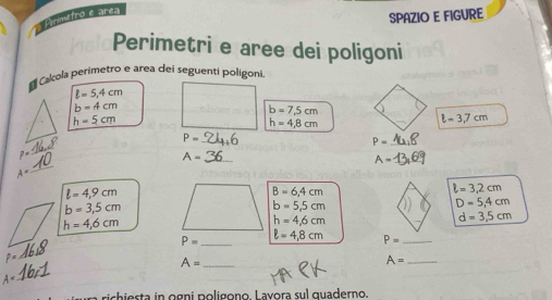 Phnimetro e area 
SPAZIO E FIGURE 
Perimetri e aree dei poligoni 
# Cakola perimetro e area dei seguenti poligoni
l=5,4cm
b=4cm
b=7.5cm
h=5cm
h=4,8cm
l=3,7cm
P= _ 
_ 
_ P=
p=
A=
_ 
_ 
_ A=
A°
l=4,9cm
B=6.4cm
l=3.2cm
b=3,5cm
b=5,5cm
D=5,4cm
h=4,6cm
h=4.6cm
d=3,5cm
P= _ ell =4,8cm P= _
)=
_
A= _
A= _
A=
_ 
hest n o gni polig ono. Lavora su l quaderno