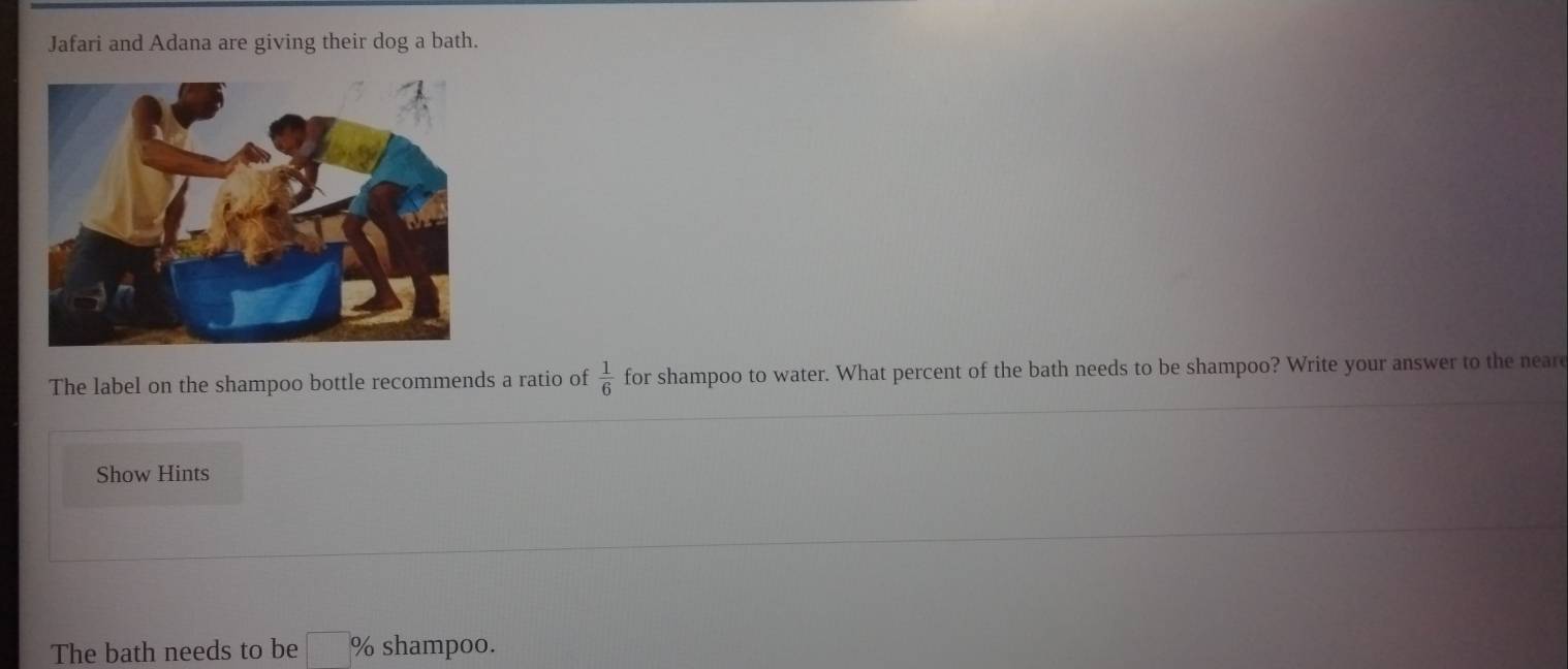 Jafari and Adana are giving their dog a bath. 
The label on the shampoo bottle recommends a ratio of  1/6  for shampoo to water. What percent of the bath needs to be shampoo? Write your answer to the near 
Show Hints 
The bath needs to be □° % shampoo.