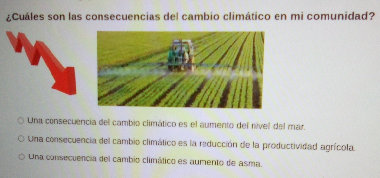 ¿Cuáles son las consecuencias del cambio climático en mi comunidad?
Una consecuencia del cambio climático es el aumento del nível del mar.
Una consecuencia del cambio climático es la reducción de la productividad agrícola.
Una consecuencia del cambio climático es aumento de asma.