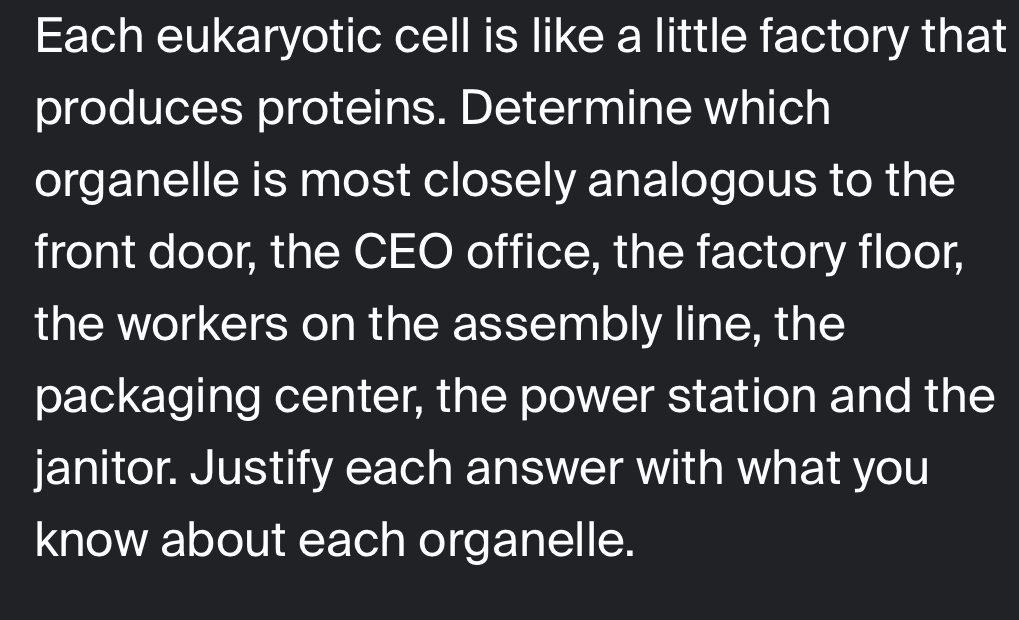 Solved: Each eukaryotic cell is like a little factory that produces ...
