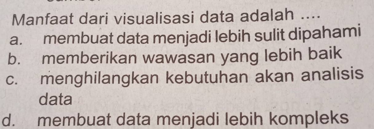 Manfaat dari visualisasi data adalah ....
a. membuat data menjadi lebih sulit dipahami
b. memberikan wawasan yang lebih baik
c. menghilangkan kebutuhan akan analisis
data
d. membuat data menjadi lebih kompleks