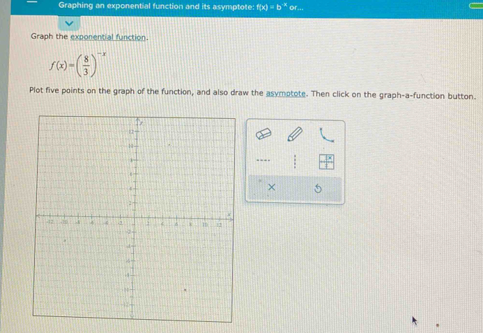 Graphing an exponential function and its asymptote: f(x)=b^(-x) or... 
Graph the exponential function.
f(x)=( 8/3 )^-x
Plot five points on the graph of the function, and also draw the asymptote. Then click on the graph-a-function button. 
--- 
×