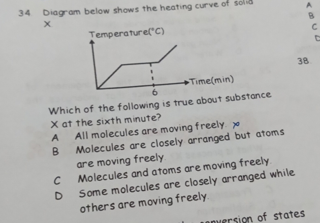 Diagram below shows the heating curve of solid A
B
Temperature (^circ C)
C
D
38.
Time(min)
6
Which of the following is true about substance
X at the sixth minute?
A All molecules are moving freely. x
B Molecules are closely arranged but atoms
are moving freely.
C Molecules and atoms are moving freely.
D Some molecules are closely arranged while
others are moving freely.
inversion of states