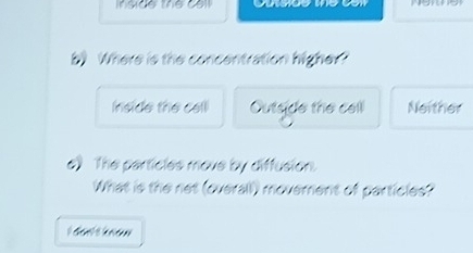 Inside the cal
by Where is the concentration higher?
Inside the cell Outside the cell Neither
e) The particles move by diffusion.
What is the net (overall) movement of particles?
I doe't know