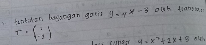 tenturan bayangan garis y=4x-3 olth frans(as
T=beginpmatrix 1 -2endpmatrix
los= cungsr y=x^2+2x+3 oleh