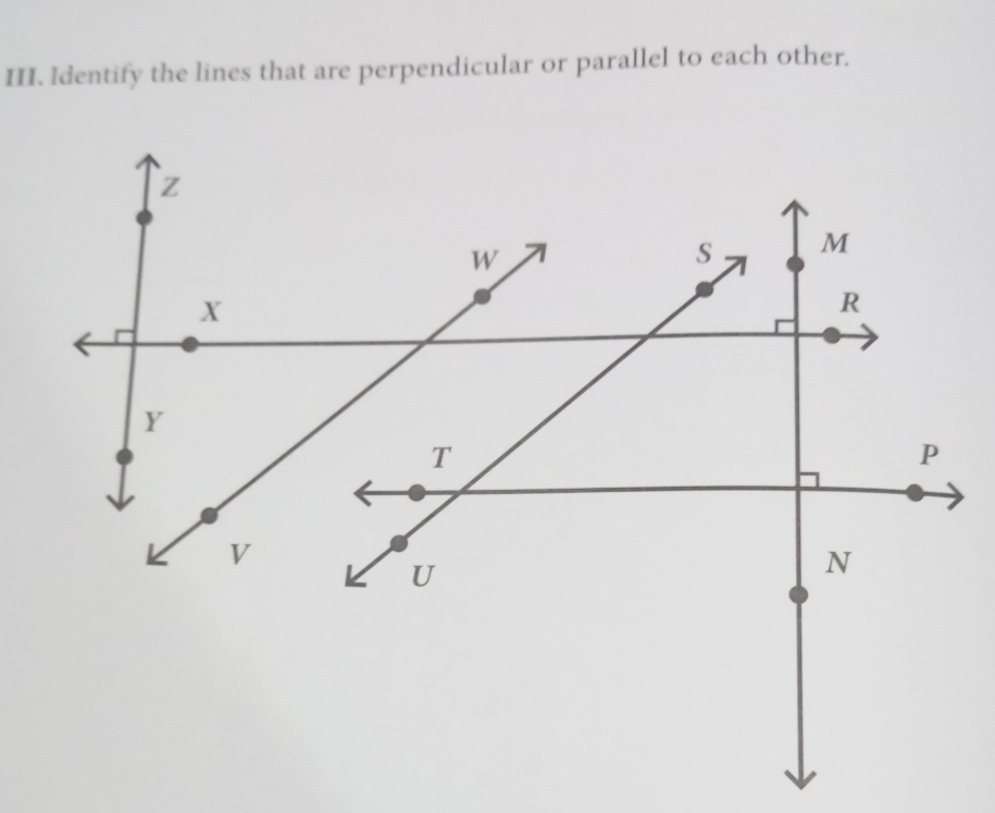 Identify the lines that are perpendicular or parallel to each other.