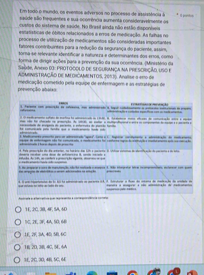 Em todo o mundo, os eventos adversos no processo de assistência à 0 pontos
saúde são frequentes e sua ocorrência aumenta consideravelmente os
custos do sistema de saúde. No Brasil ainda não estão disponíveis
estatísticas de óbitos relacionados a erros de medicação. As falhas no
processo de utilização de medicamentos são consideradas importantes
fatores contribuintes para a redução da segurança do paciente, assim,
torna-se relevante identificar a natureza e determinantes dos erros, como
forma de dirigir ações para a prevenção da sua ocorrência. (Ministério da
Saude, Anexo 03: PROTOCOLO DE SEGURANÇA NA PRESCRIÇÃO, USO E
ADMINISTRAÇÃO DE MEDICAMENTOS, 2013). Analise o erro de
medicação cometido pela equipe de enfermagem e as estratégias de
prevenção abaixo:
CROS EstrAégiAs dE PreVEnção
eefarexims 1. Paciente com prestrição de cefalesina, mas administrado A. Seguir cuidadosamente es protocolos instucionais de preparo.
administração e ruidados específicos com os medicamentos
2. O medicamento sulfato de morfina foi administrado ào 13630, B. Estabelecer meos eficases de comunicação entre a equipe
mas não foi checado na presorção. As 34h30, ao axllar a mulmprofsional e entre os componentes da equipe e o pacienta e
necessidade de analgesia do paciente, a enfermeia do plantão família.
edministrado Aoi comunicada pela família que o medicamento havia sido
3. Madicamento prescrito para ser adimanistrado "agora". Como a C. Ragistrar corretamente a administração do medicamento,
administrado 2 horas depois de prescrito equipe de enfermagem não foi comunicada, o modicamento foi conforme reprs da iiptuíção e imodiatamente após sua execução.
4. Pela prescrição do dia anterior, no horário das 12% o paciente D. Utliar sistemas de identificação do paciente e do leto.
deveria receber uma dose de anfotericina B. sendo iniciada a
o medic amento havía sido suspeno infusão. As 14h, ao conferir a prescrição vigente, observou se que
5. Ao preparar o soro de manutenção, não foi realizada a assepsia E. Não interpretar letras incompreensíves; esclarerer com quern
das ampplas de eletrólitos a serem adicionados na solução. prescrevew
que estava no leito ao lado do seu. 6. O anti-hiportensivo do Sr. RS foi administrado ao paciente ILR, F. Estruturar o fluxo do sistema de medicação da unidade de
suspenics pelo médico. maneira a assegurar a não administração de medicamentos
Assinale a alterativa que representa a comrespondência cometa 
1E, 2C, 3B, 4F, 5A, 6D
1C, 2E, 3F, 4A, 5D, 6B
1E, 2F, 3A, 4D, 5B, 6C
1B, 2D, 3B, 4C, 5E, 6A
1E, 2C, 3D, 4B, 5C, 6E