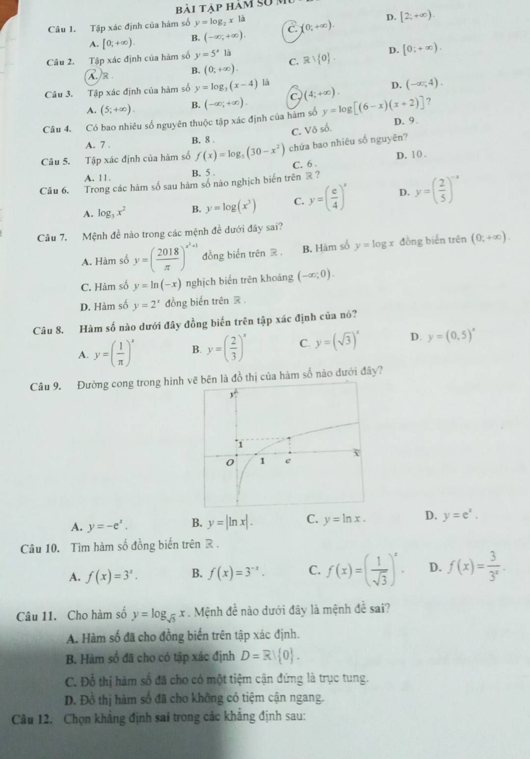 bài tập hàm số M
Câu 1. Tập xác định của hàm số y=log _2xla
A. [0;+∈fty ).
B. (-∈fty ;+∈fty ). C. (0;+∈fty ). D. [2;+∈fty ).
B. (0;+∈fty ). C. Rvee  0 . D. [0;+∈fty ).
Câu 2. Tập xác định của hàm số y=5^xla
A )r .
Câu 3. Tập xác định của hàm số y=log _3(x-4) là
A. (5;+∈fty ).
B. (-∈fty ;+∈fty ). c, (4;+∈fty ). D. (-∈fty ,4).
Câu 4. Có bao nhiêu số nguyên thuộc tập xác định của hàm số y=log [(6-x)(x+2)] ?
D. 9 .
C. Vô số.
A. 7 . B. 8 .
Câu 5. Tập xác định của hàm số f(x)=log _5(30-x^2) chứa bao nhiêu số nguyên?
D. 10 .
A. 11. B. 5 . C. 6 .
Câu 6. Trong các hàm số sau hàm số nào nghịch biến trên R?
A. log _3x^2
B. y=log (x^3) C. y=( e/4 )^x D. y=( 2/5 )^-x
Câu 7. Mệnh đề nào trong các mệnh đề dưới đây sai?
A. Hàm số y=( 2018/π  )^x^2+1 đồng biến trên R . B. Hàm số y=log x đồng biến trên (0,+∈fty ).
C. Hàm số y=ln (-x) nghịch biến trên khoảng (-∈fty ;0).
D. Hàm số y=2^x đồng biến trên R .
Câu 8. Hàm số nào dưới đây đồng biến trên tập xác định của nó?
A. y=( 1/π  )^x
B. y=( 2/3 )^x C. y=(sqrt(3))^x D. y=(0,5)^x
Câu 9. Đường cong trong hình vẽ bên là đồ thị của hàm số nào dưới đây?
D.
A. y=-e^x.
B. y=|ln x|.
C. y=ln x. y=e^x.
Câu 10. Tìm hàm số đồng biến trên R .
A. f(x)=3^x. B. f(x)=3^(-x). C. f(x)=( 1/sqrt(3) )^x. D. f(x)= 3/3^x .
Câu 11. Cho hàm số y=log _sqrt(5)x. Mệnh đề nào dưới đây là mệnh đề sai?
A. Hàm số đã cho đồng biến trên tập xác định.
B. Hàm số đã cho có tập xác định D=R| 0 .
C. Đồ thị hàm số đã cho có một tiệm cận đứng là trục tung.
Đ. Đồ thị hàm số đã cho không có tiệm cận ngang.
Câu 12. Chọn khẳng định sai trong các khẳng định sau: