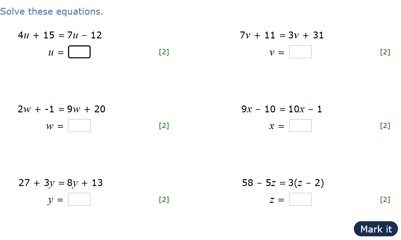 Solve these equations.
]
]
]
Mark it