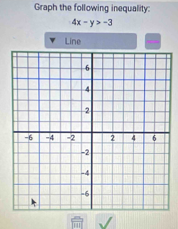 Graph the following inequality:
4x-y>-3
Line