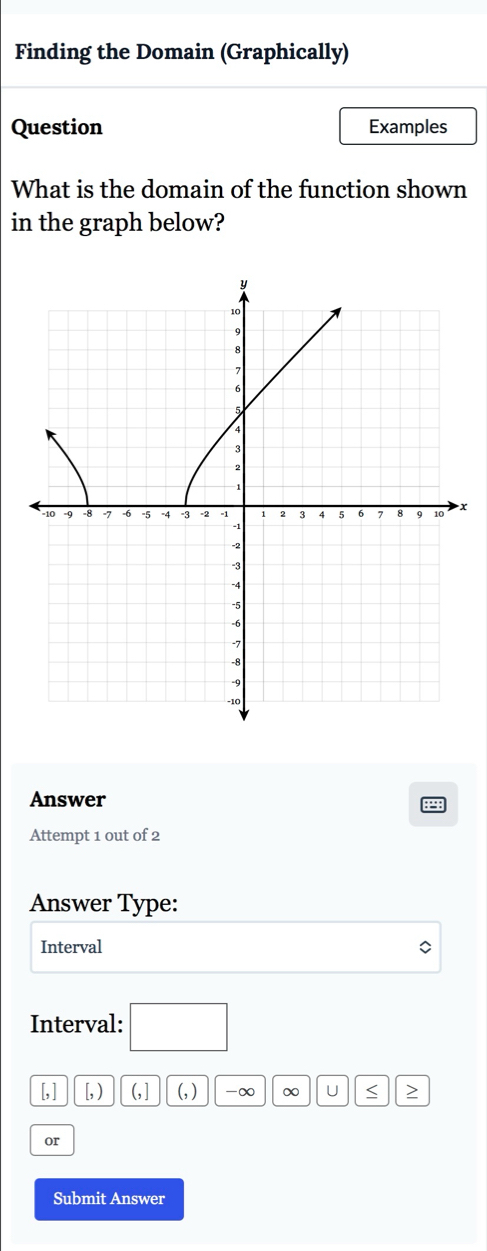 Finding the Domain (Graphically) 
Question Examples 
What is the domain of the function shown 
in the graph below?
x
Answer 
Attempt 1 out of 2 
Answer Type: 
Interval 
Interval: 
[, ] [, ) (, ] (, ) -∞ ∞ U > 
or 
Submit Answer