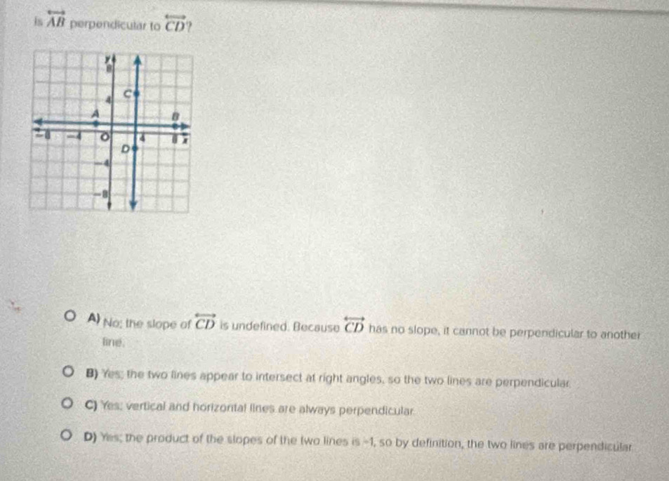 is overleftrightarrow AB perpendicular to overleftrightarrow CD ?
A) No; the slope of overleftrightarrow CD is undefined. Because overleftrightarrow CD has no slope, it cannot be perpendicular to another
line.
B) Yes; the two lines appear to intersect at right angles, so the two lines are perpendicular.
C) Yes; vertical and horizontal lines are always perpendicular
D) Yes; the product of the slopes of the two lines is -1, so by definition, the two lines are perpendicular