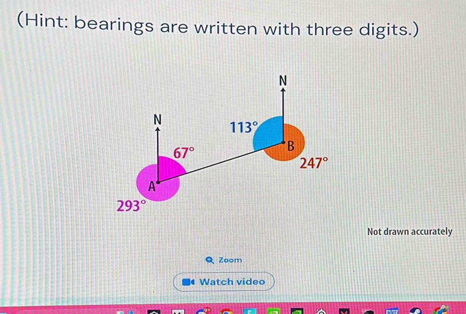 (Hint: bearings are written with three digits.)
Not drawn accurately
Zoom
Watch video