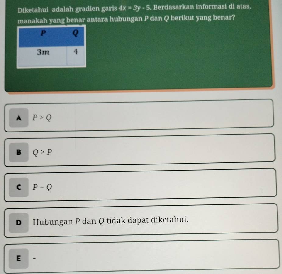 Diketahui adalah gradien garis 4x=3y-5. Berdasarkan informasi di atas,
manakah yang benar antara hubungan P dan Q berikut yang benar?
A P>Q
B Q>P
C P=Q
D Hubungan P dan Q tidak dapat diketahui.
E