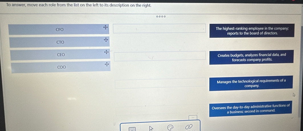 To answer, move each role from the list on the left to its description on the right.
○○○
□ 
CFO The highest-ranking employee in the company;
reports to the board of directors.
+ 
CTO
rightarrow □ 
CEO Creates budgets, analyzes financial data, and
forecasts company profits.
COO 
□ Manages the technological requirements of a
company.
Oversees the day-to-day administrative functions of
a business; second in command.