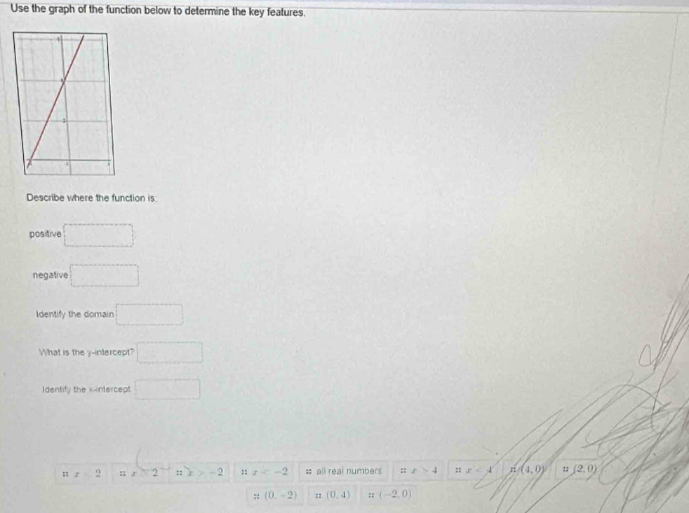 Use the graph of the function below to determine the key features.
Describe where the function is:
positive □ 
negative □ 
Identify the domain □ 
What is the y-intercept? □ 
Identify the x-intercept □
:: x<2</tex> ::x>2 :: x>-2 :: x : all real numbers :: x>4 :: x<4</tex> n(4,0) :; (2,0)
:: (0,-2) :: (0,4) ::(-2,0)