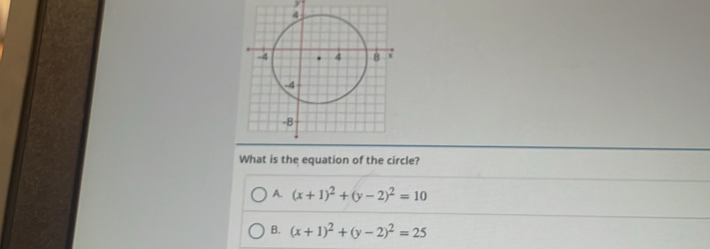 y
What is the equation of the circle?
A. (x+1)^2+(y-2)^2=10
B. (x+1)^2+(y-2)^2=25