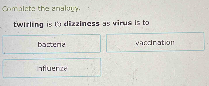 Complete the analogy.
twirling is to dizziness as virus is to
bacteria vaccination
influenza