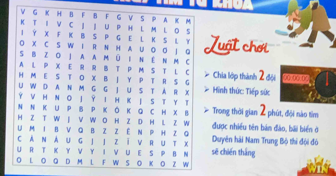 uật chơi 
Chia lớp thành 2 đội 00:00:00 
Hình thức: Tiếp sức 
Trong thời gian 2 phút, đội nào tìm 
được nhiều tên bán đảo, bãi biển ở 
Duyên hải Nam Trung Bộ thì đội đó 
sẽ chiến thắng