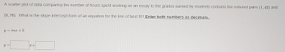 A scatter plot of data comparing the mumber of hours spent working on an essay to the grades earsed by students contains the cidered pale (1,47) and
(6,3). What is the slope imercept form of an equation for the line of best 177 Enter both numbers as decimats
y=mr2b
y=□ x+□