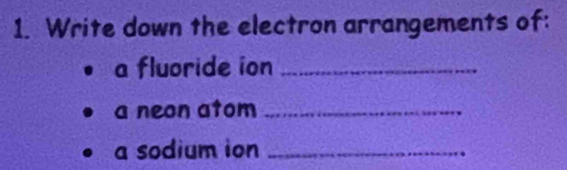 Write down the electron arrangements of: 
a fluoride ion_ 
a neon atom_ 
a sodium ion_