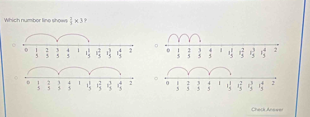 Which number line shows  2/5 * 3 ?
 
Check Answer