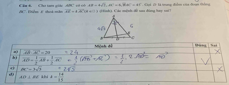 Cho tam giác ABC có có AB=4sqrt(2),AC=6,vector BAC=45°. Gọi D là trung điểm của đoạn thắng
BC . Điểm E thoả mãn vector AE=kvector AC(k∈ □ ) (Hình). Các mệnh đề sau đúng hay sai?