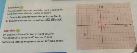 On considère les points mobiles dont les positions 
sont marquées dans le repère ci-contre. 
1. Donne les coordonnées des points A, B et C. 
2. Exprime les vecteurs-positions vector OA, vector OB et vector OC. 
Exercice 7 
Un automobiliste effectue le trajet Bouaflé- 
Yamoussoukro, long de 60 km, en 55 min. 
Calcule sa vitesse moyenne en km. h^(-1) puis en m.s^(-1).