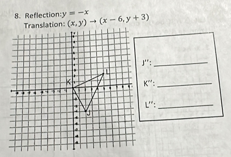 Reflection: y=-x (x,y)to (x-6,y+3)
J''._
K''._ 
L'':_