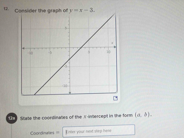 State the coordinates of the x-intercept in the form (a,b).
Coordinates = Enter your next step here