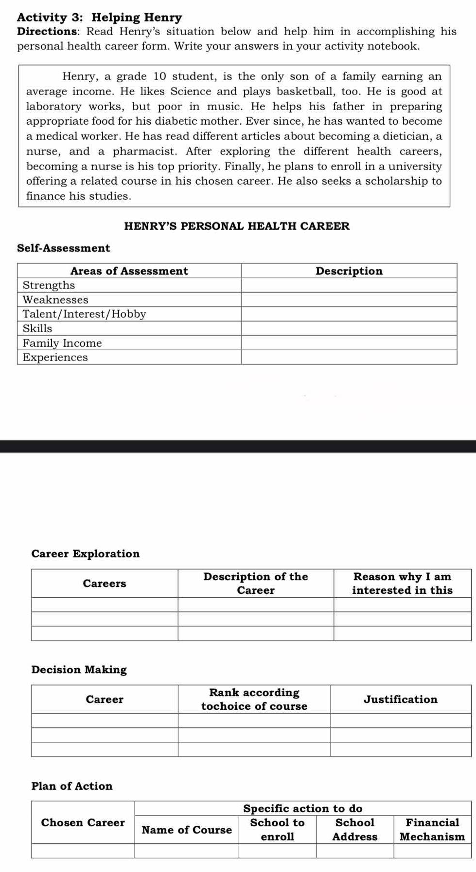 Activity 3: Helping Henry 
Directions: Read Henry's situation below and help him in accomplishing his 
personal health career form. Write your answers in your activity notebook. 
Henry, a grade 10 student, is the only son of a family earning an 
average income. He likes Science and plays basketball, too. He is good at 
laboratory works, but poor in music. He helps his father in preparing 
appropriate food for his diabetic mother. Ever since, he has wanted to become 
a medical worker. He has read different articles about becoming a dietician, a 
nurse, and a pharmacist. After exploring the different health careers, 
becoming a nurse is his top priority. Finally, he plans to enroll in a university 
offering a related course in his chosen career. He also seeks a scholarship to 
finance his studies. 
HENRY’S PERSONAL HEALTH CAREER 
Self-Assessment 
Career Exploration 
Decision Making 
Plan of Action