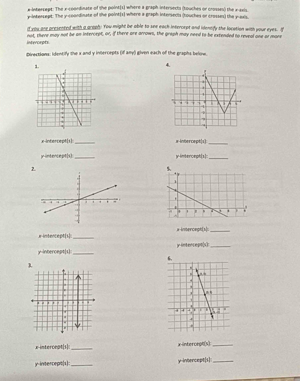 x-Intercept: The x-coordinate of the point(s) where a graph intersects (touches or crosses) the x-axis.
y-intercept: The y-coordinate of the point(s) where a graph intersects (touches or crosses) the y-axis.
If you are presented with a graph: You might be able to see each intercept and identify the location with your eyes. If
not, there may not be an intercept, or, if there are arrows, the graph may need to be extended to reveal one or more
intercepts.
Directions: Identify the x and y intercepts (if any) given each of the graphs below.
1.
4.
x-intercept(s): _x-intercept(s):_
y-intercept(s): _y-intercept(s):_
2.
x-intercept(s):_
x-intercept(s):_
y-intercept(s):_
y-intercept(s):_
3.
x-intercept(s): _x-intercept(s):_
y-intercept(s):_ y-intercept(s):_