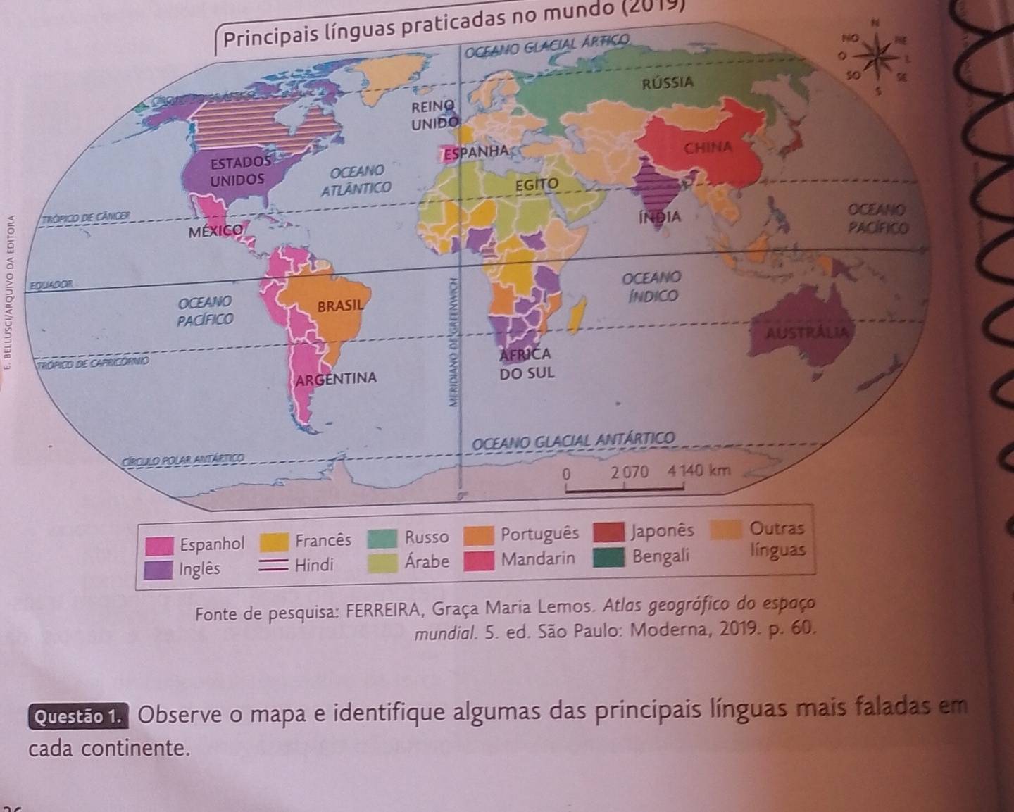 Principais línguas praticadas no mundo (2019) 
“ 
E 
Questão 1. Observe o mapa e identifique algumas das principais línguas mais faladas em 
cada continente.