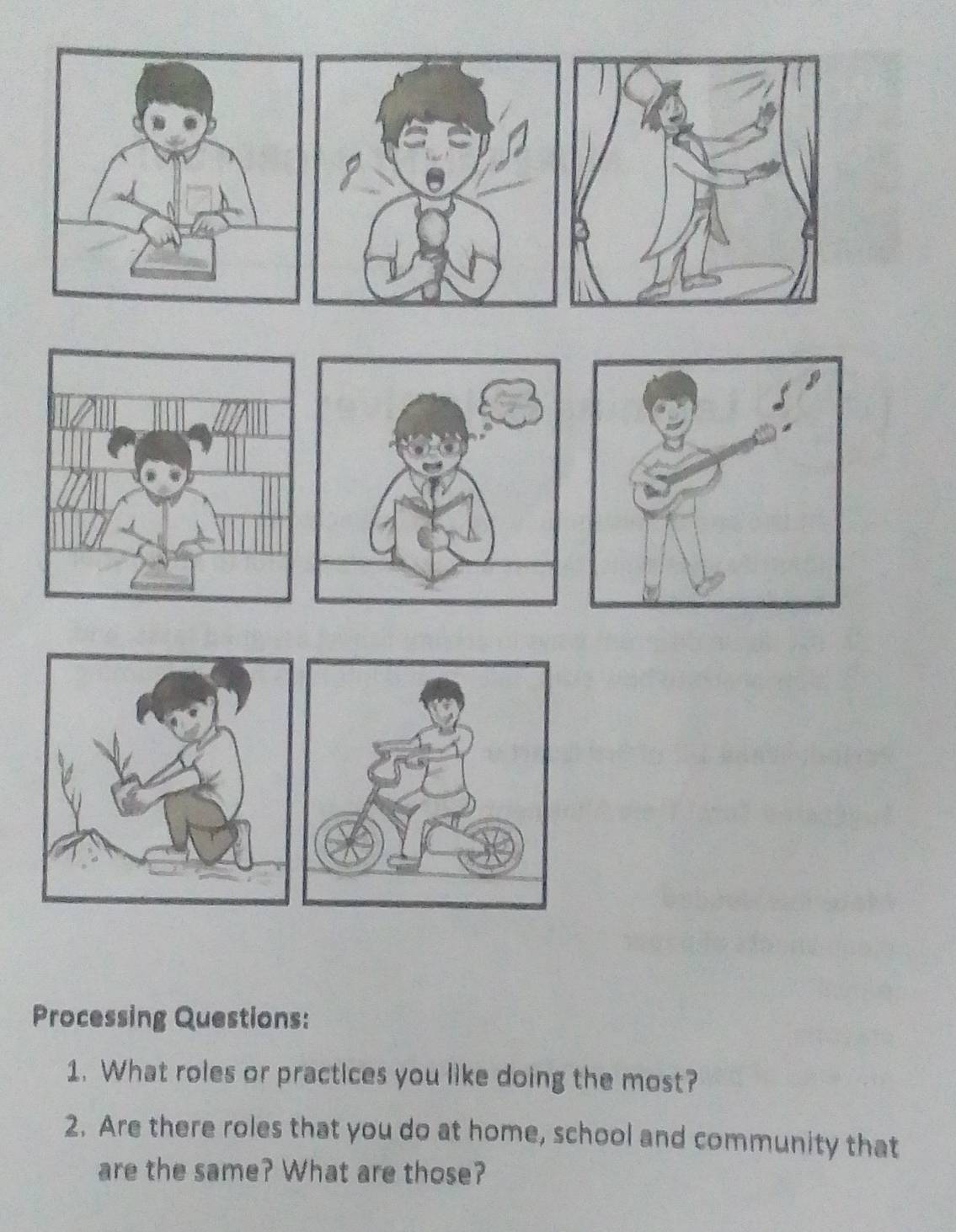 Processing Questions: 
1. What roles or practices you like doing the most? 
2. Are there roles that you do at home, school and community that 
are the same? What are those?