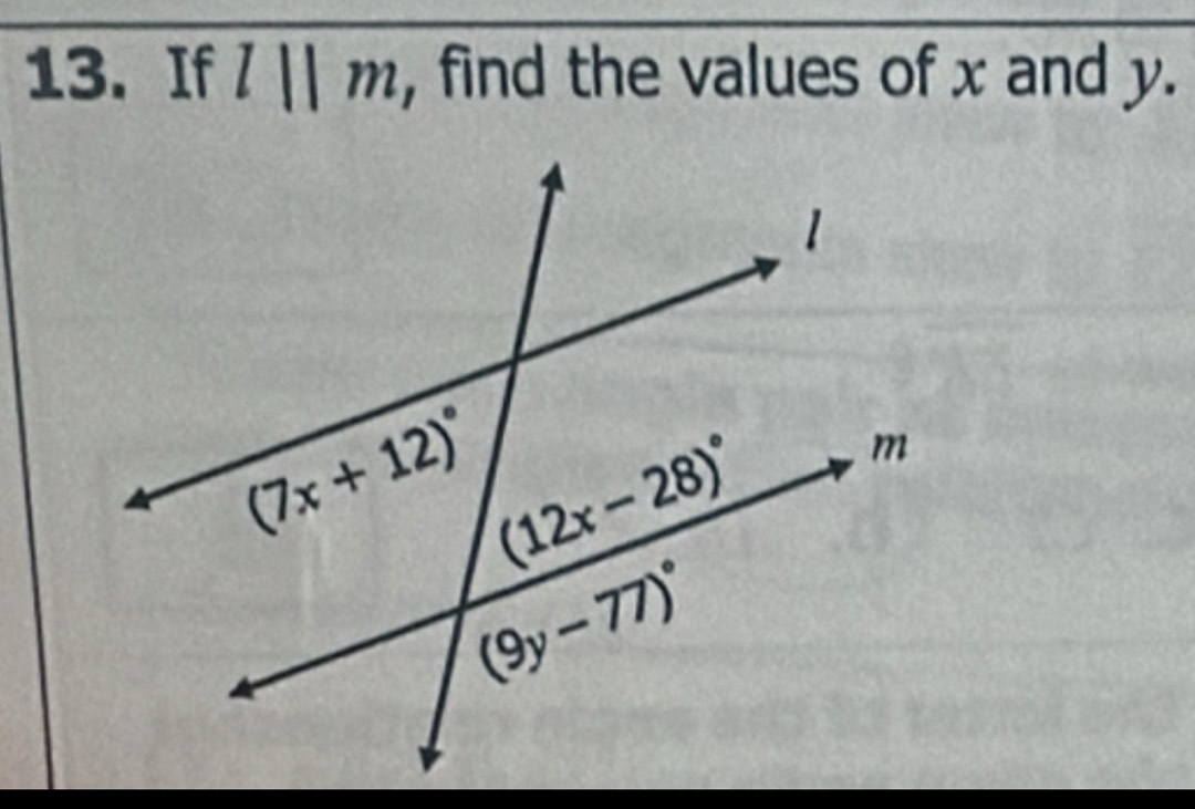 If l||m , find the values of x and y.