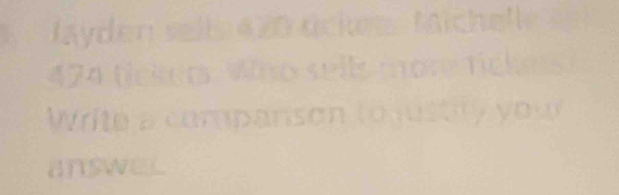 Jayden sells 420 ückenr Michell
474 tickers. Who sells more tick n s 
W rite a compans on to u s tty yo u 
answel