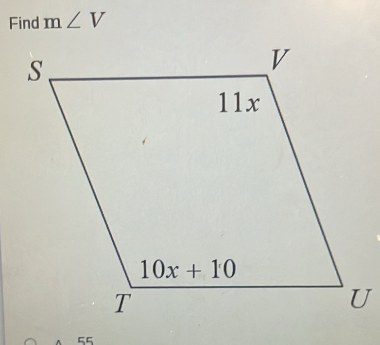 Find m∠ V
55