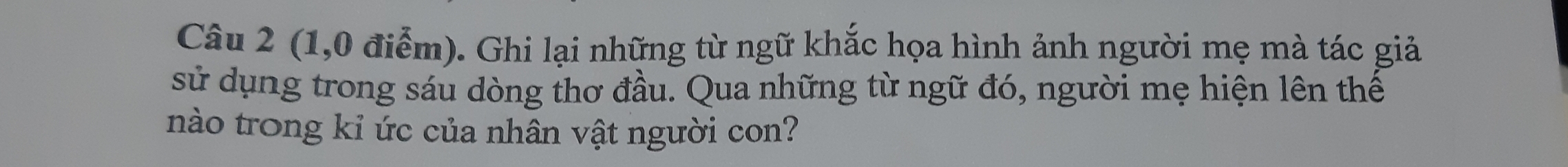 (1,0 điểm). Ghi lại những từ ngữ khắc họa hình ảnh người mẹ mà tác giả 
sử dụng trong sáu dòng thơ đầu. Qua những từ ngữ đó, người mẹ hiện lên thế 
nào trong kỉ ức của nhân vật người con?