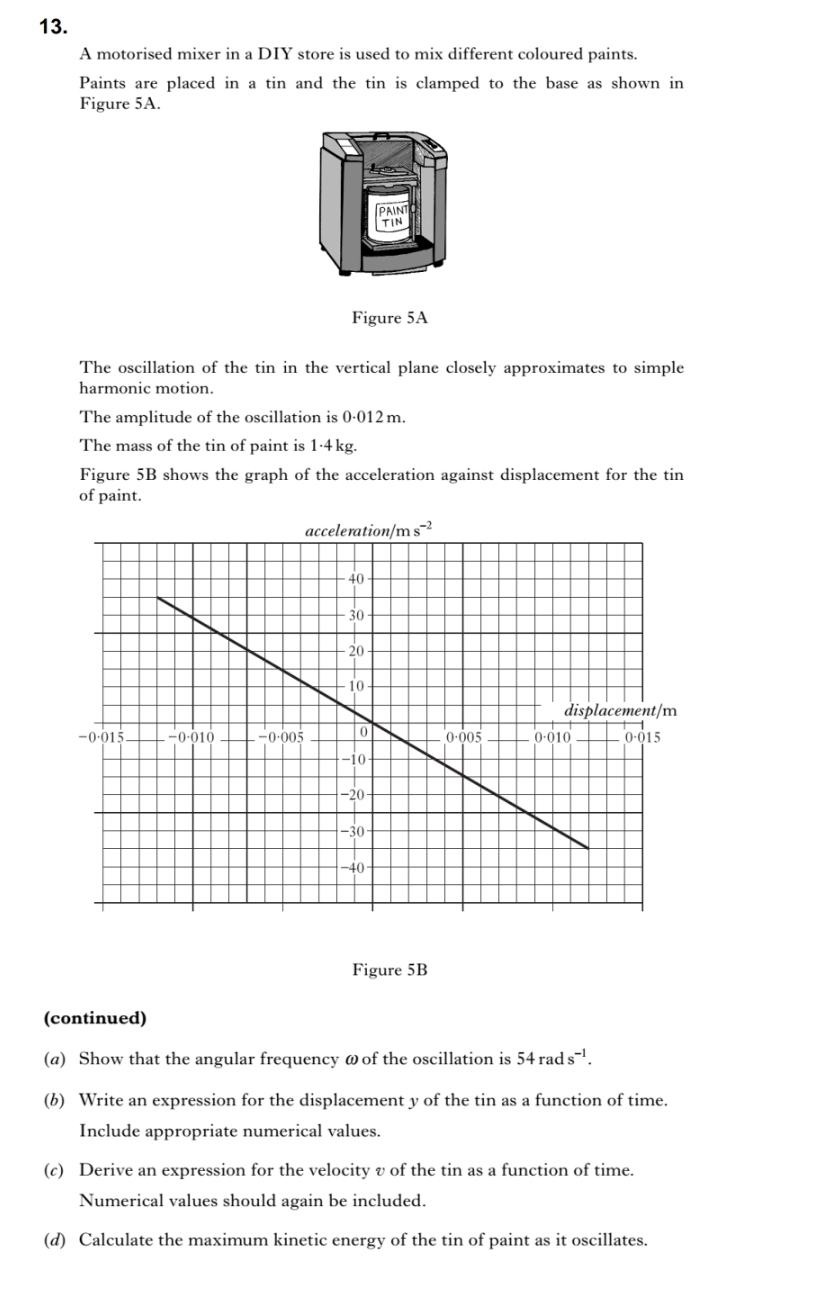 A motorised mixer in a DIY store is used to mix different coloured paints.
Paints are placed in a tin and the tin is clamped to the base as shown in
Figure 5A.
PAINT
TIN
Figure 5A
The oscillation of the tin in the vertical plane closely approximates to simple
harmonic motion.
The amplitude of the oscillation is 0· 012n n.
The mass of the tin of paint is 1·4kg.
Figure 5B shows the graph of the acceleration against displacement for the tin
of paint.
Figure 5B
(continued)
(a) Show that the angular frequency ωof the oscillation is 54rads^(-1).
(b) Write an expression for the displacement y of the tin as a function of time.
Include appropriate numerical values.
(c) Derive an expression for the velocity v of the tin as a function of time.
Numerical values should again be included.
(d) Calculate the maximum kinetic energy of the tin of paint as it oscillates.