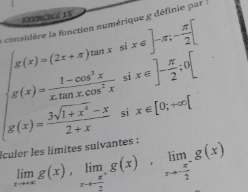 considère la fonction numérique g définie par :
∈t _x(x)=beginarrayl 2x+ax+a,x- a/2 [ x(x)-frac 1-cos^(ax)log _2x+f(x)= (1sqrt(2)[-x)/2 , x(x)=frac 2sqrt(1+x^2-x))2+xatx=[0,-∈fty [ax(x)=frac 2sqrt(1+x^2-x)2+x atx=[0,-∈fty [endarray.   
lculer les limites suivantes :
limlimits _xto +∈fty g(x),limlimits _xto frac π 2^+g(x),limlimits _xto - π /2 g(x)