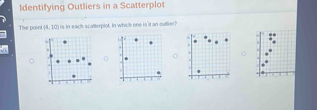 Identifying Outliers in a Scatterplot 
The point (4,10) is in each scatterplot. In which one is it an outlier?
10
10
10
10
8
u
8
θ
a
6
4
4
4
4
2
2
2
2
4
2
7 4 3 w 2 4 6 8 10 4 6