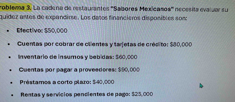 roblema 3. La cadena de restaurantes ''Sabores Mexicanos'' necesita evaluar su 
quidez antes de expandirse. Los datos financieros disponibles son: 
Efectivo: $50,000
Cuentas por cobrar de clientes y tarjetas de crédito: $80,000
Inventario de insumos y bebidas: $60,000
Cuentas por pagar a proveedores: $90,000
Préstamos a corto plazo: $40,000
Rentas y servicios pendientes de pago: $25,000