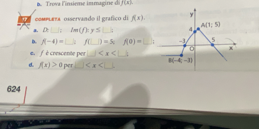 Trova l’insieme immagine di f(x).
17 coмPLEтA osservando il grafíco di f(x).
a. D:□ ; Im(f):y≤ □ ;
b. f(-4)=□ ; f(_ ) =5;f(0)=□
c.fè crescente per □
d. f(x)>0 per □
624